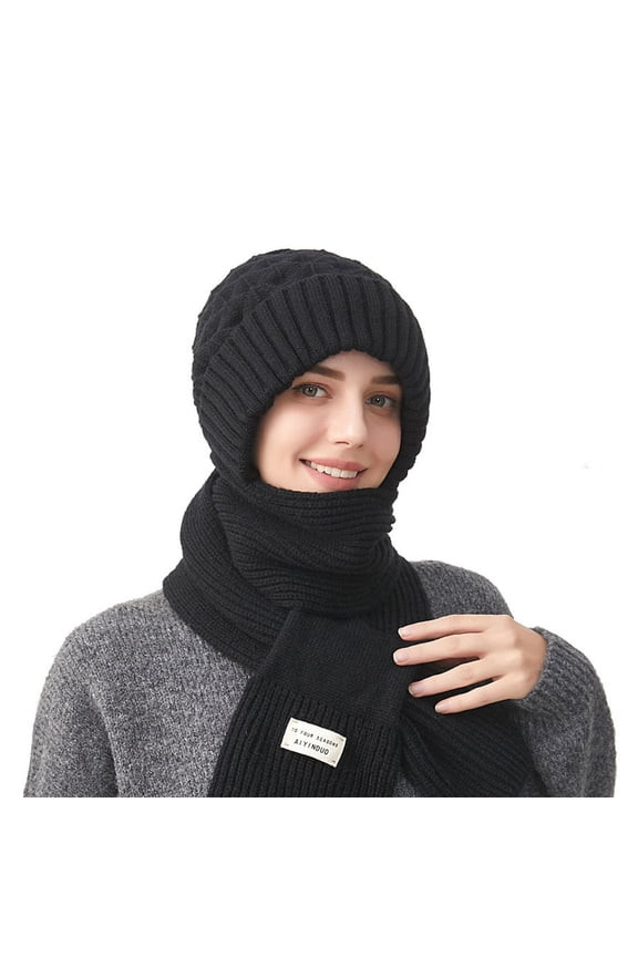 Women's Winter Thickened Warm Knit Hat Scarf Set Ear Protection Conjoined Hat for Daily Outdoor Wear