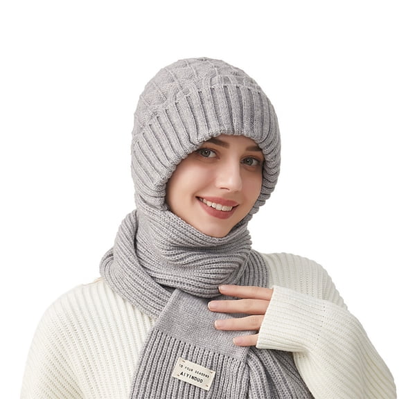 Heisall Women's Winter Thickened Warm Knit Hat Scarf Set Ear Protection Conjoined Hat for Daily Outdoor Wear