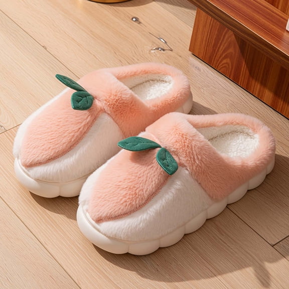 Heisall Women's Winter Warm Closed Toe Fuzzy Slippers with Anti-Slip Flat Sole, Soft Fleece Lining and Peach Leaf Design for Indoor Home Comfort