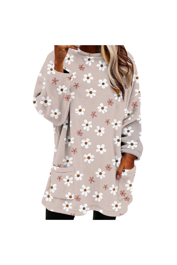 Women's Winter Warm Printed Long Sleeve Pullover Top with Round Neck and Side Pockets, Casual Loose Fit Tunic for Fall Spring Winter