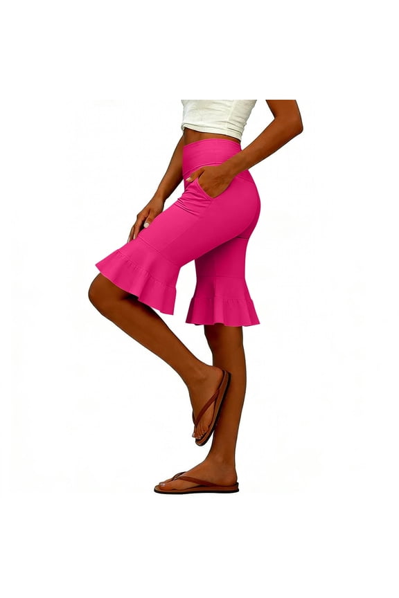 Women's Workout Knee Length Shorts Stretch Yoga Bermuda Short with Pockets Ruffle Bell Bottom Athletic Work Leggings