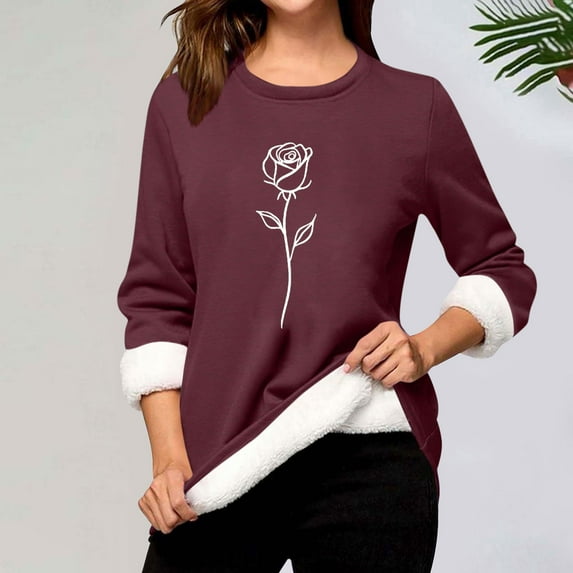 Heisall Womens Base Layer Shirts Autumn Winter Floral Print Round Neck Long Sleeve Thickened Fleece Teddy Shearling Warm Fitted Thermal Tops for Daily Cold Weather Wear