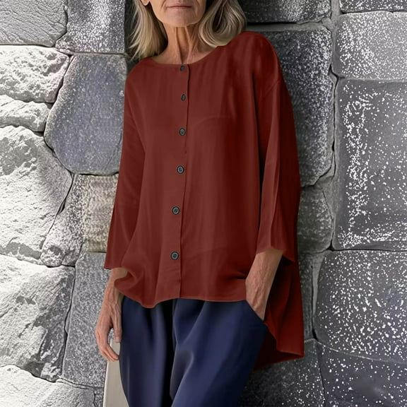 Heisall Womens Blouses Long Sleeve Button-Up Round Neck Loose Casual Solid Color Shirts