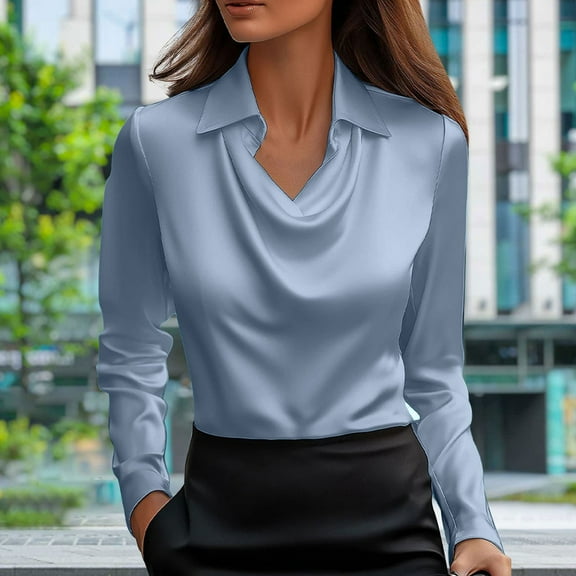 Heisall Womens Blouses Long Sleeve Round Neck Draped Design Simple Elegant Solid Color