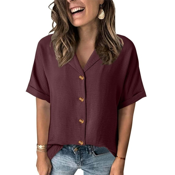 Heisall Womens Blouses Short Sleeve Button-Down Collar Casual Solid Color Crinkle Rayon Shirts Fashion