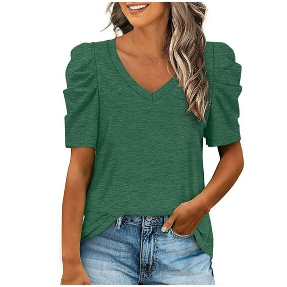 Heisall Womens Blouses Short Sleeve V Neck Puff Sleeve Casual Solid Color Shirts