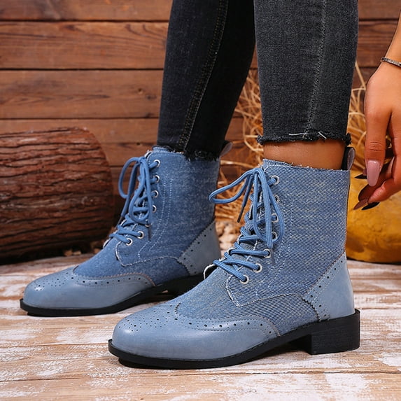 Heisall Womens Boots Plus Size Round Toe Mid Heel Lace Up Denim Paneled Winter Warm Fashion Casual Boots
