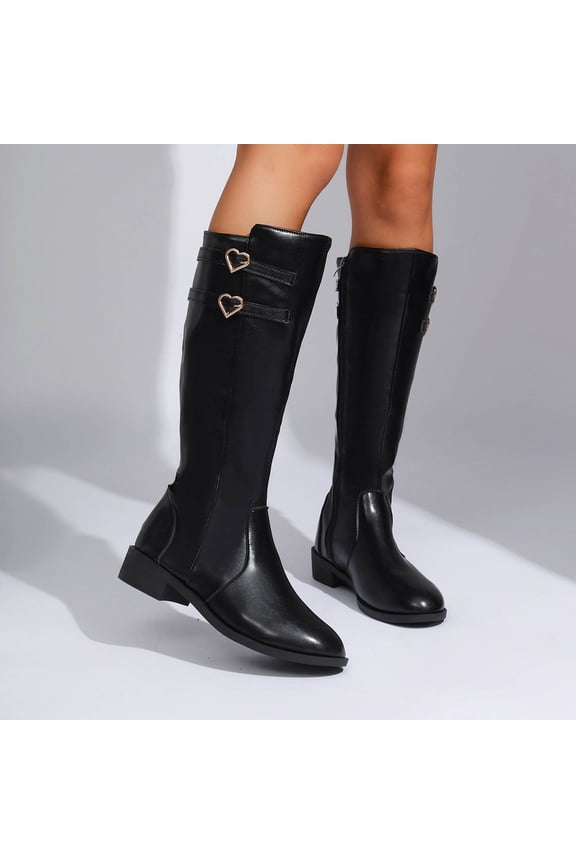 Womens Boots Versatile Plus-Size Heart Buckle Detail Fashionable Knee High & Mid-Calf Boots with Chunky Heel and Low Heel, Autumn Winter Trendy Casual Chic