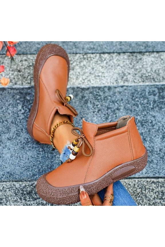 Womens Boots Winter Casual Short Shaft Round Toe Lace-Up Flat Soft Sole Ankle-Length Solid Color Fashion
