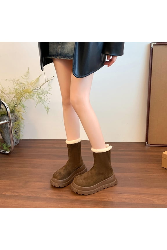 Womens Boots Winter Fleece-Lined Warm Short Snow Boots Solid Round Toe Back Zipper Thick Flat Sole Ankle Casual Fashion