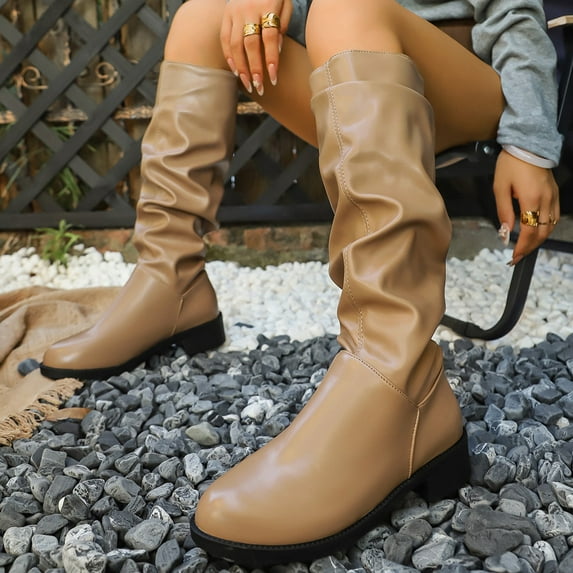 Heisall Womens Boots Winter Knee-Length Pleated Stacked Round Toe Chunky Low Heel Fashion Casual Solid Color Boots