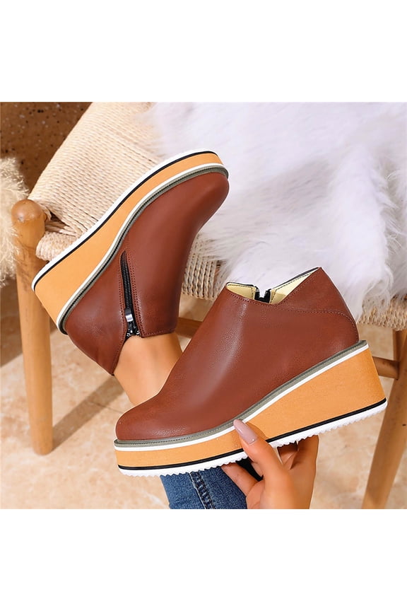 Womens Boots Winter Solid Color Round Toe Wedge Heel Ankle Boots Casual Fashion