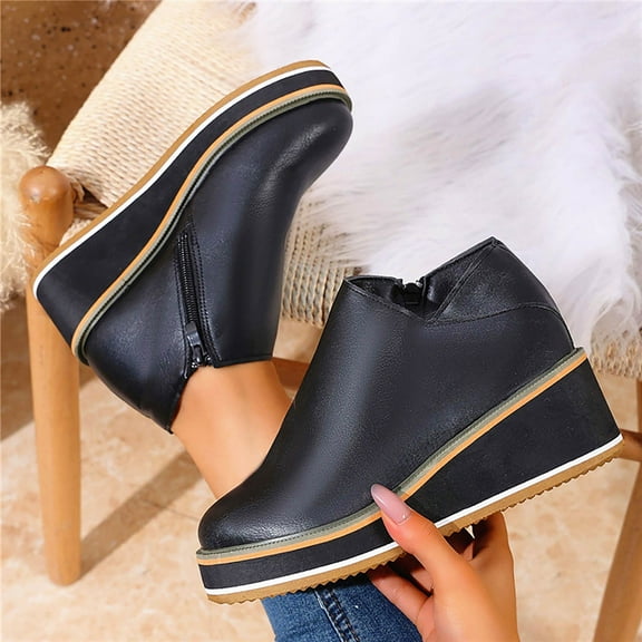 Heisall Womens Boots Winter Solid Color Round Toe Wedge Heel Ankle Boots Casual Fashion