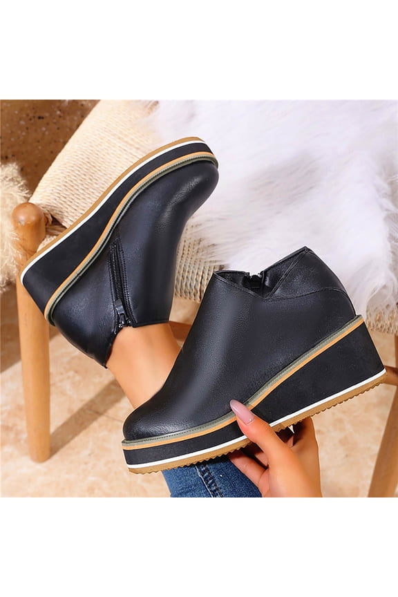 Womens Boots Winter Solid Color Round Toe Wedge Heel Ankle Boots Casual Fashion