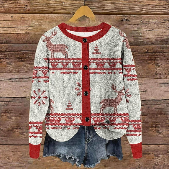 Heisall Womens Cardigan Coats Christmas Floral Print Button Long Sleeve Round Neck Hoodless Casual Fashion Winter Fitted Style Daily Homewear Outerwear