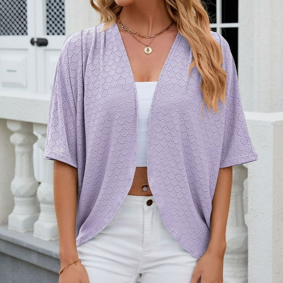 Heisall Womens Cardigan Coats Half Sleeve Solid Color Ruffle Hem Casual Open Front Jackets