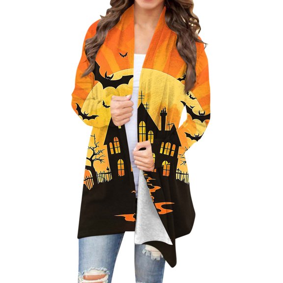 Heisall Womens Cardigan Coats Long Sleeve Open Front Halloween Print Fashion Outerwear