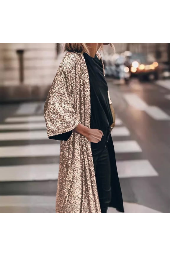 Womens Cardigan Coats New Arrival Fashionable Mid-Length Short Sleeve Party Style Sequined