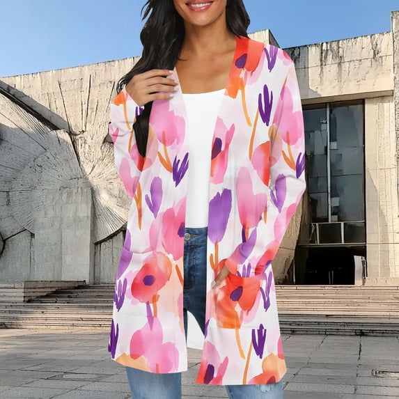 Heisall Womens Cardigan Long Sleeve Loose Casual Open Front Pocket Gradient Print Fashionable Sweater