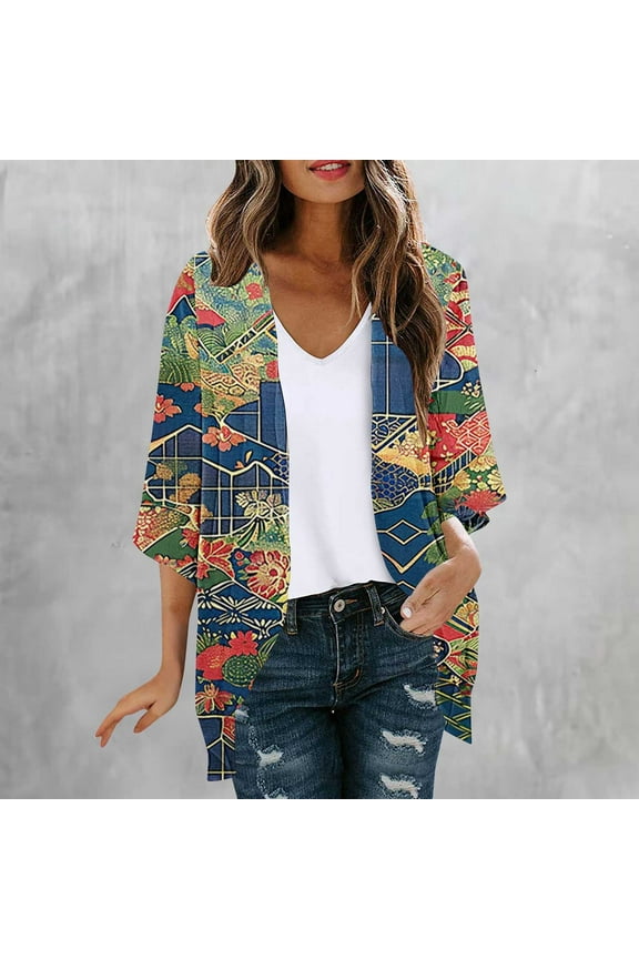 Womens Cardigan Retro Print Long Sleeve Open Front Blouse Spring Summer Fall Casual Vintage