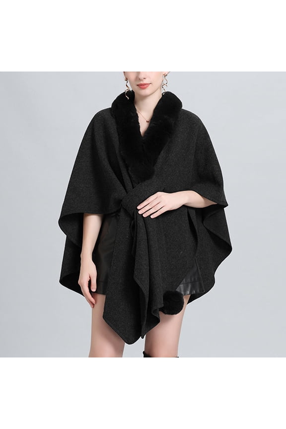 Womens Cardigans Cape Style Faux Fur Collar Solid Color Casual Fashion Coats