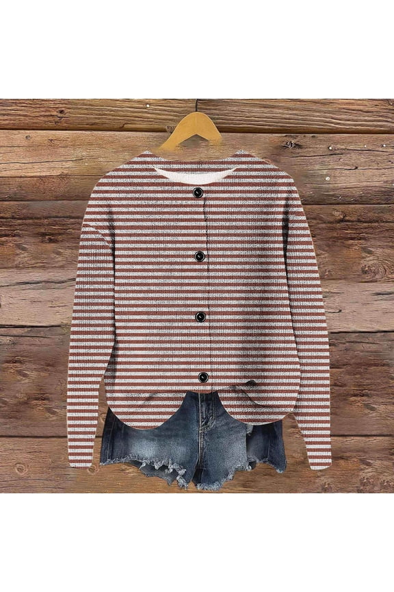 Womens Cardigans Striped Print Knit Button Long Sleeve Round Neck Casual Fashion Outerwear