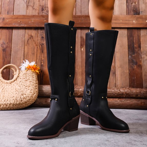 Heisall Womens Casual Boots Fall Winter Wide Calf Mid-Calf Riding Plush Lined Belt Buckle Chunky Heel Solid Color Classic Trendy