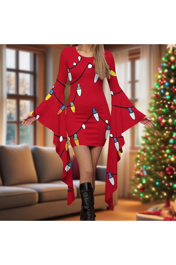 Womens Casual Dresses Round Neck Christmas All-Over Print Long Sleeve Asymmetric Hem Midi-Length Dresses
