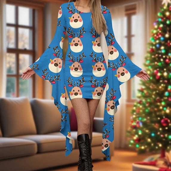 Heisall Womens Casual Dresses Round Neck Christmas All-Over Print Long Sleeve Asymmetric Hem Midi-Length Dresses