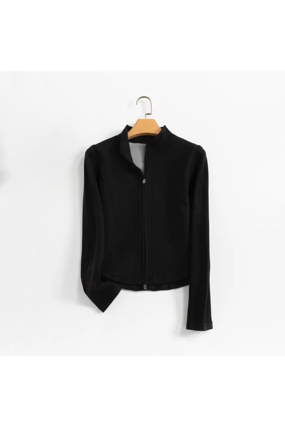 Womens Casual Fall Winter Solid Color Round Neck Long Sleeve Zipper Jacket Outerwear
