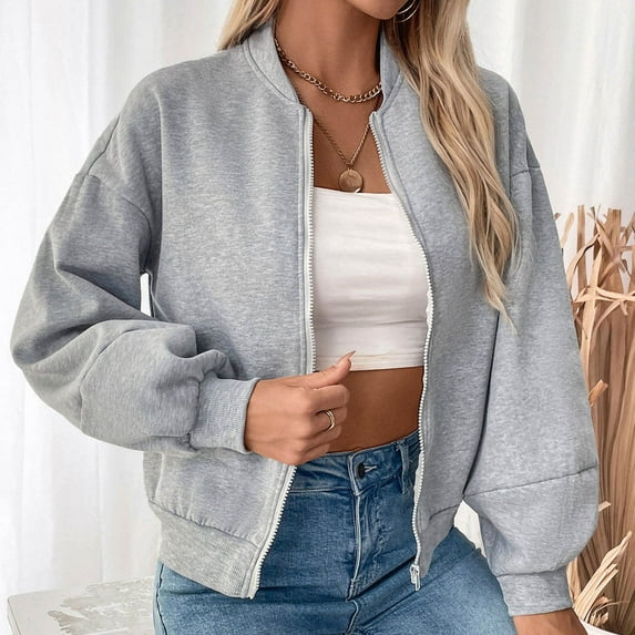 Heisall Womens Casual Jacket Solid Color Long Sleeve Stand Collar Zipper No Hood Fashion Personalized Outerwear