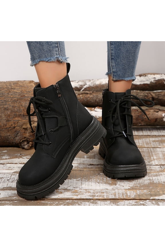 Womens Casual Winter Warmth Ankle Boots Solid Color Round Toe Side Zipper Front Lace-Up Chunky Low Heel Ankle Booties for Daily Fashion