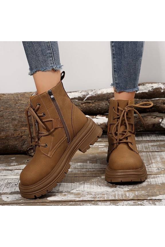 Womens Casual Winter Warmth Ankle Boots Solid Color Round Toe Side Zipper Front Lace-Up Chunky Low Heel Ankle Booties for Daily Fashion