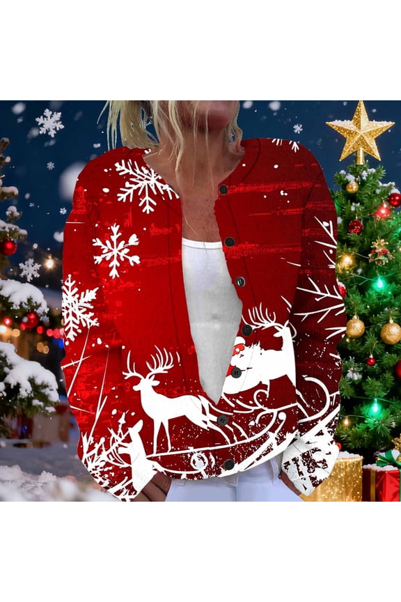 Womens Christmas Print Cardigan Long Sleeve Button Front Casual Sweatshirt