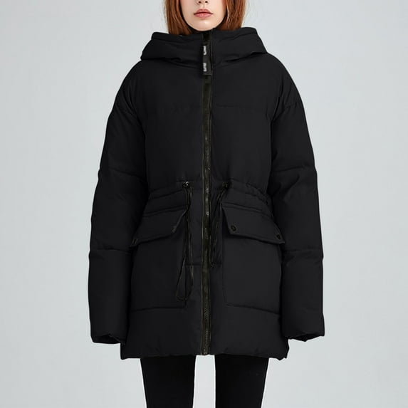 Heisall Womens Coats 2025 Autumn Winter Fashion Solid Color Long Sleeve Thickened Fleece-Lined Casual Hooded Loose Parkas