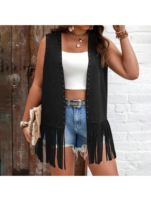 Womens Coats 2025 Autumn/Winter Solid Color Fringe Faux Suede Studded Sleeveless 70s Style Blazer Jacket Casual No Hood Outerwear