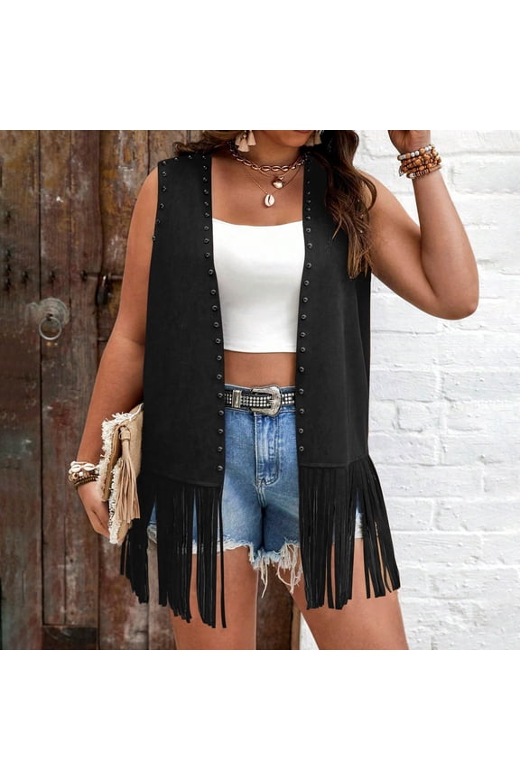Womens Coats 2025 Autumn/Winter Solid Color Fringe Faux Suede Studded Sleeveless 70s Style Blazer Jacket Casual No Hood Outerwear