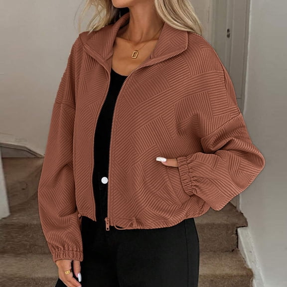 Heisall Womens Coats Autumn Winter Lapel Loose Casual Solid Color Drawstring Hem Long Sleeve Zipper Jackets