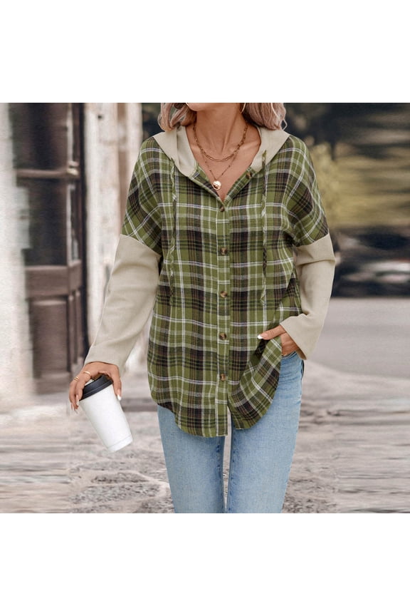Womens Coats Checkered Patchwork Long Sleeve Hooded Drawstring Button Casual Loose Jackets Fall Winter Fashion Tops