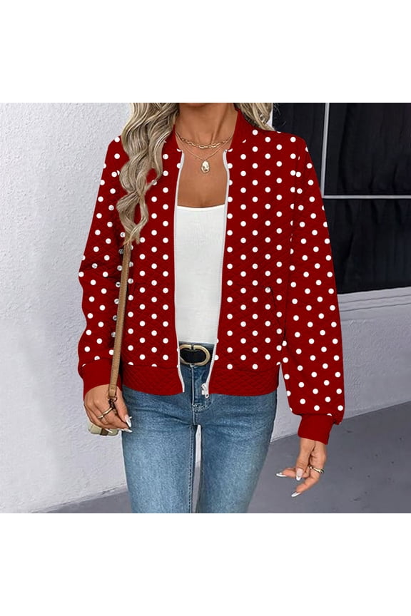 Womens Coats & Jackets Fall Winter Casual Fashion Polka Dot Print Pockets Waffle Texture Zipper Long Sleeve Hoodless
