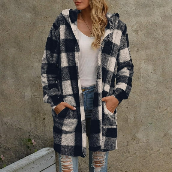 Heisall Womens Coats/Jackets Plaid Double-Sided Fleece Hooded Loose Winter Warm Fluffy Pocket Casual Fashion Outerwear