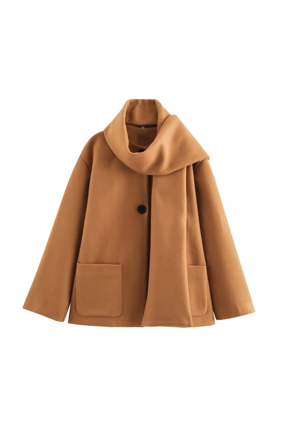 Womens Coats Long Sleeve Round Neck Loose Woolen Scarf Decorated Fashion Outerwear