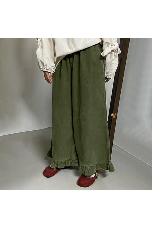 Womens Corduroy Pants Wide Leg Ruffled Hem Elastic Waist Lounge Cord Pants with Pockets