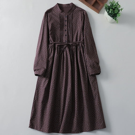 Heisall Womens Dresses Bohemian Cotton Linen Retro Print Mid-Length Tie Waist Stand Collar Long Sleeve Knee-Length Casual Dress
