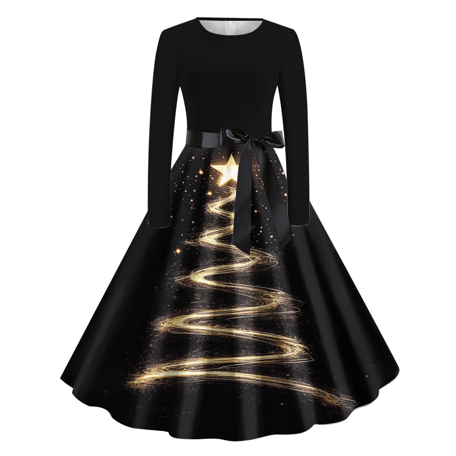 christmas print maxi dress Heisall Womens Dresses Long Sleeve Round Neck Christmas Print Loose A-Line Maxi  Dress Elegant Party Gown Slim Fit Evening Dress