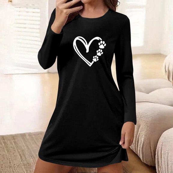 Heisall Womens Dresses Long Sleeve Round Neck Loose Mid-Length Casual Simple Basic Fashion Print Dresses