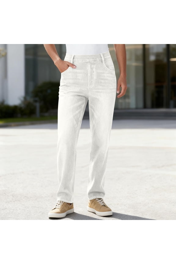 Womens Fake Jeans Denim Pants Look Like Jeans Baggy Straight Leg Stretch Pants Jeggings Trendy Trousers with Pockets