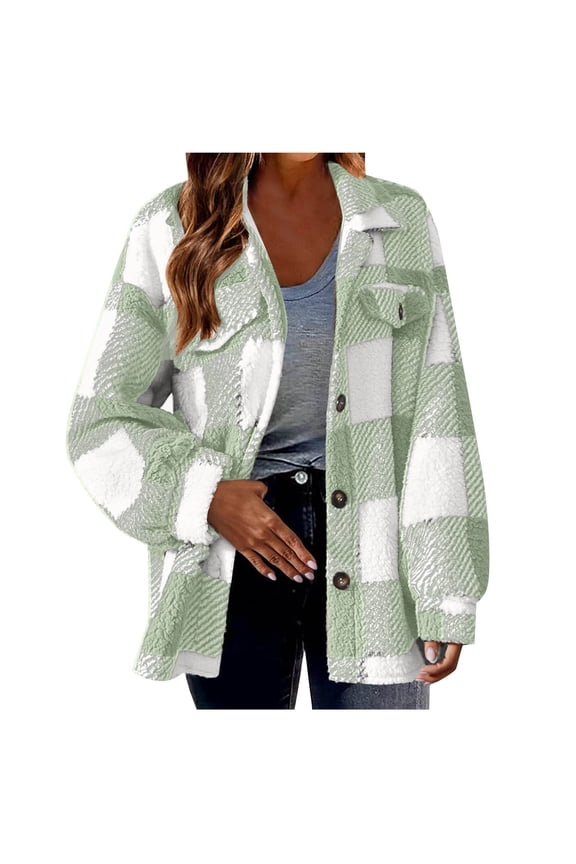 Womens Fall Winter Coats Warm Plush Shacket Jackets Button Cardigan Trendy Plaid Fleece Fuzzy Pockets Outwear