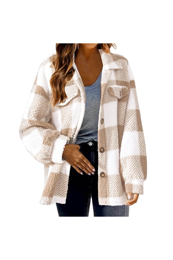 Womens Fall Winter Coats Warm Plush Shacket Jackets Button Cardigan Trendy Plaid Fleece Fuzzy Pockets Outwear