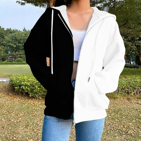 Heisall Womens Hoodie Contrasting colors Pocket Zipper Long Sleeve Hooded Casual Loose Fashion
